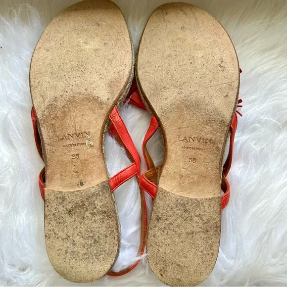 Lanvin Pink Leather Tassels Gold Chain Espadrille Sandals - Picture 9 of 10